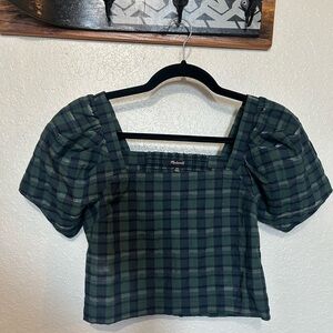 Madewell Green Plaid Puff Sleeve Blouse